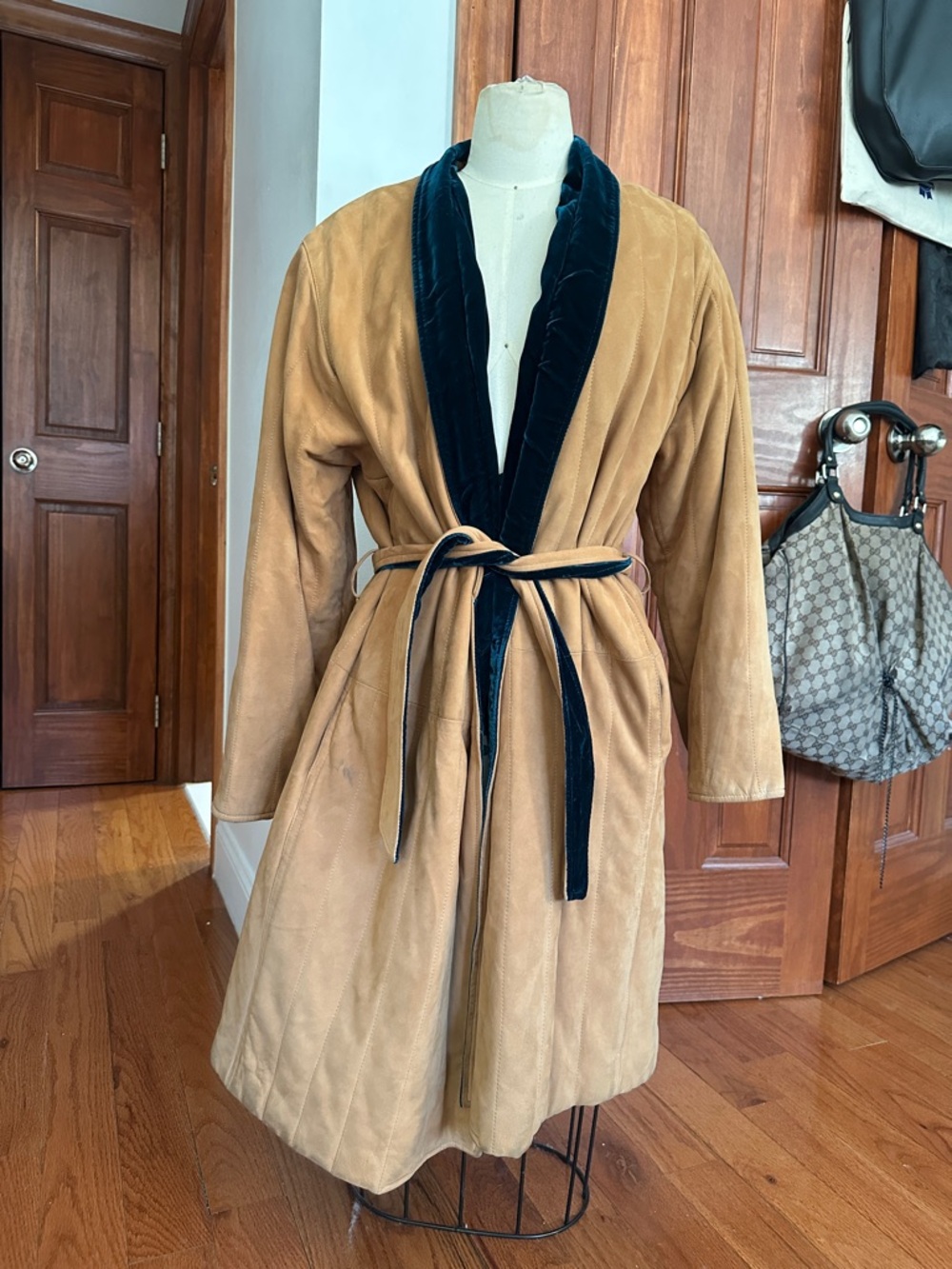Fendi Camel Suede Trench Coat with Navy Velvet Trim